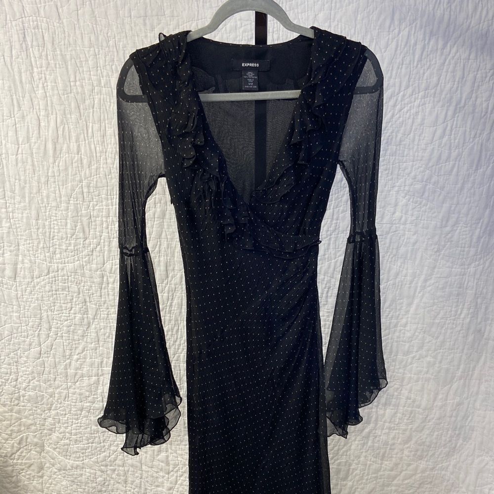 Vintage Y2K Silk Express Black Long Sleeve Polka Dot Ruffle Dress
